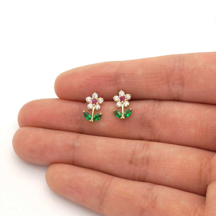 14K Gold CZ, Ruby, Emerald Gemstone Flower Stud Screw Back Earrings