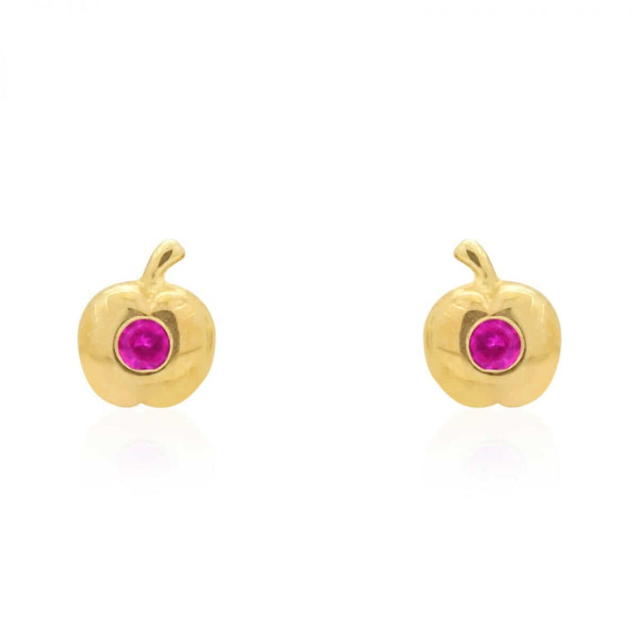 Kids 14K Yellow Gold Pave Birthstone Apple Stud Screw Back Earrings