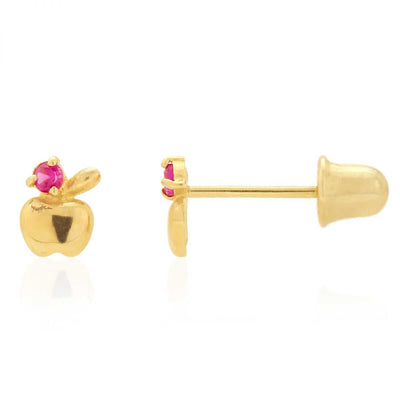 14k Yellow Gold Ruby Gemstone Apple Shaped Stud Baby Screw Back Kid Earrings