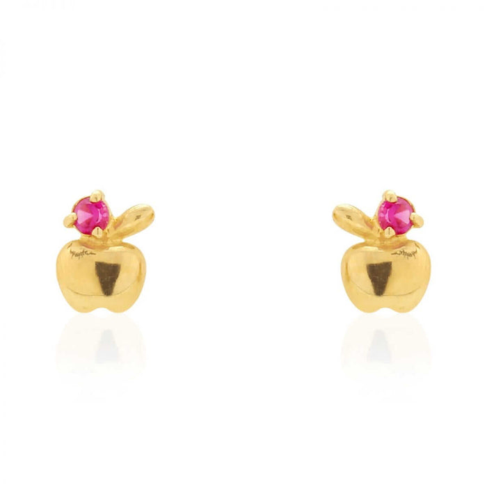 14k Yellow Gold Ruby Gemstone Apple Shaped Stud Baby Screw Back Kid Earrings