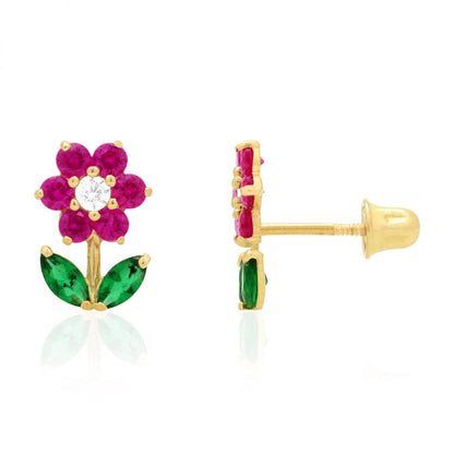 14K Real Gold CZ, Ruby, Emerald Gemstone Flower Stud Screw Back Earrings