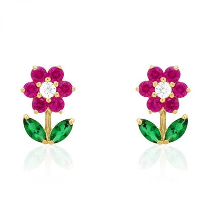 14K Real Gold CZ, Ruby, Emerald Gemstone Flower Stud Screw Back Earrings