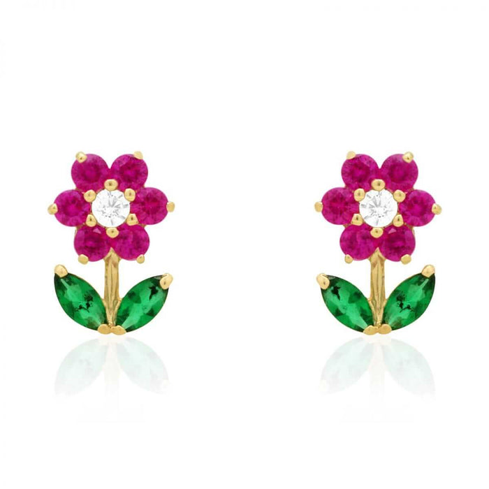 14K Gold CZ, Ruby, Emerald Gemstone Flower Stud Screw Back Earrings
