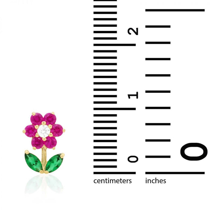 14K Gold CZ, Ruby, Emerald Gemstone Flower Stud Screw Back Earrings