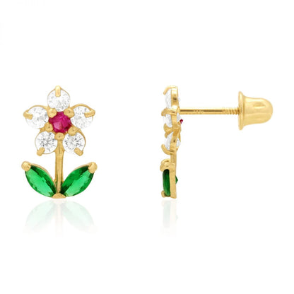 14K Real Gold CZ, Ruby, Emerald Gemstone Flower Stud Screw Back Earrings