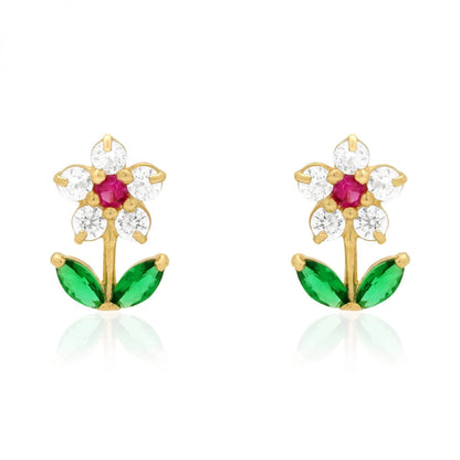 14K Real Gold CZ, Ruby, Emerald Gemstone Flower Stud Screw Back Earrings