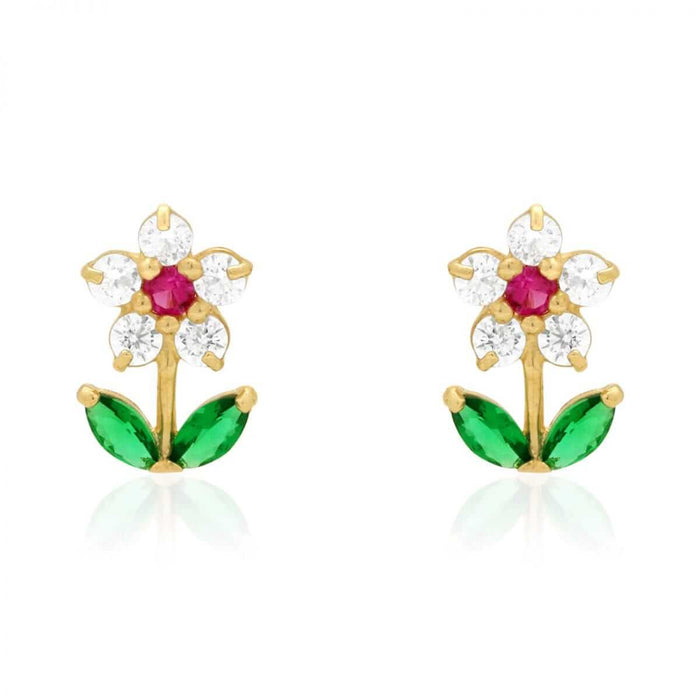 14K Gold CZ, Ruby, Emerald Gemstone Flower Stud Screw Back Earrings