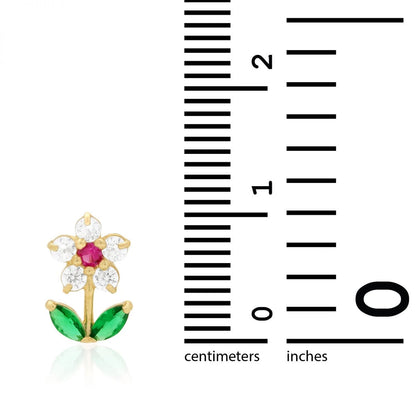 14K Real Gold CZ, Ruby, Emerald Gemstone Flower Stud Screw Back Earrings