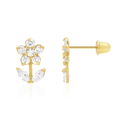 14K Real Gold CZ, Ruby, Emerald Gemstone Flower Stud Screw Back Earrings