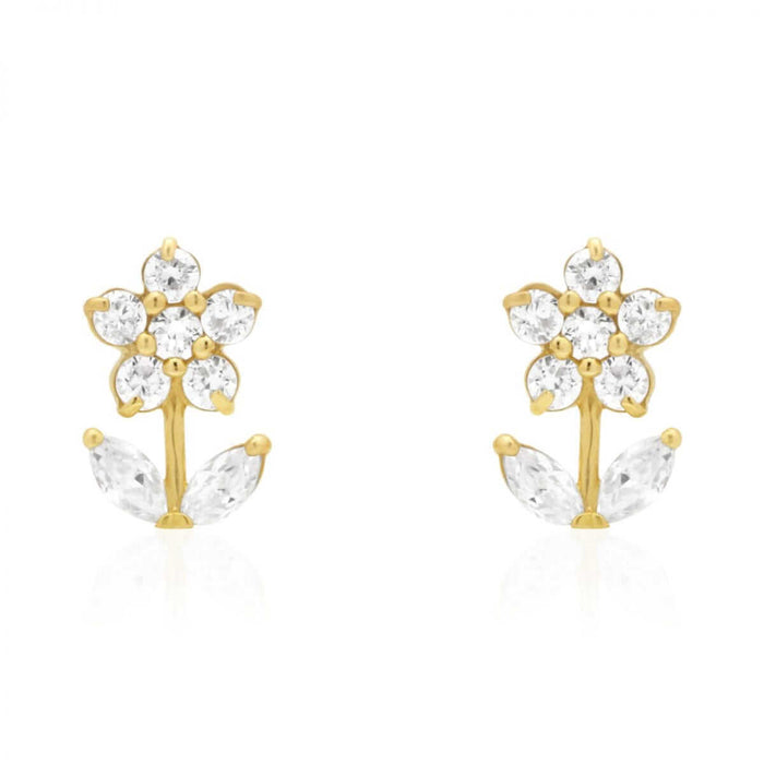 14K Gold CZ, Ruby, Emerald Gemstone Flower Stud Screw Back Earrings