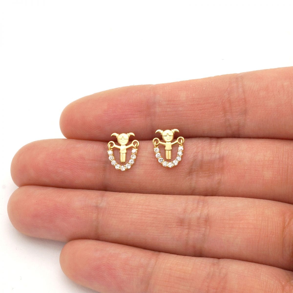 14K Real Gold White Zircon Jump Rope Girl Screwback Stud Kid Earrings 10mm