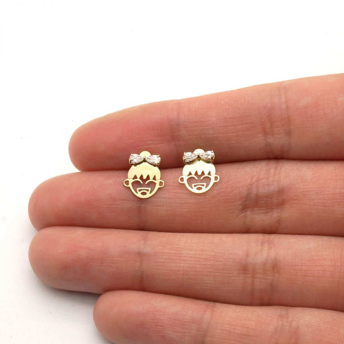 Zircon Bow Happy Girl Face Stud Screw Back Stud Earrings 14k Yellow & White Gold