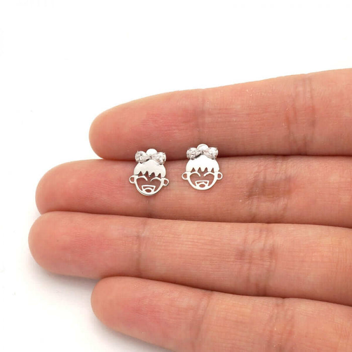 Zircon Bow Happy Girl Face Stud Screw Back Stud Earrings 14k Yellow & White Gold