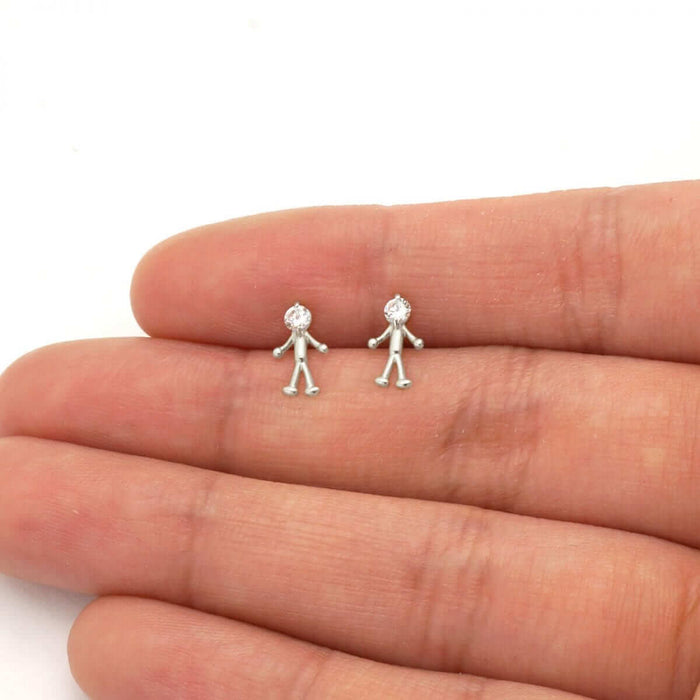 14k Yellow & White Gold Round Zircon Stick Figure Stud Screw Back Kid Earrings