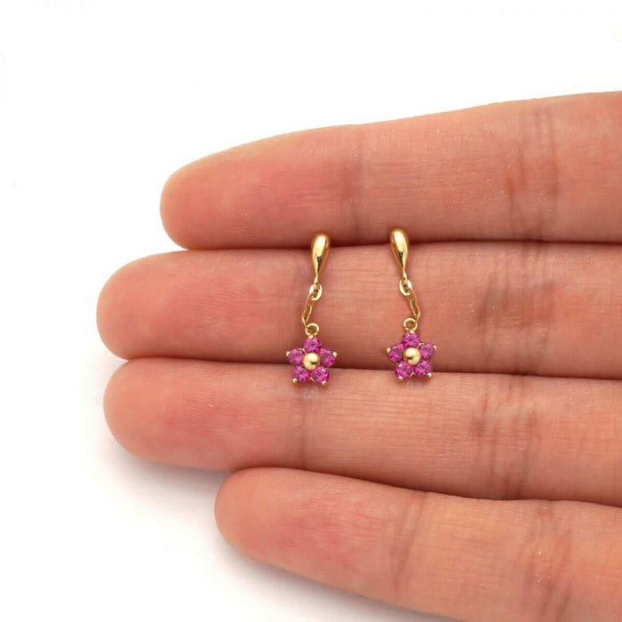 Real 14K Yellow Gold White Birthstone Flower Screw Back Earrings