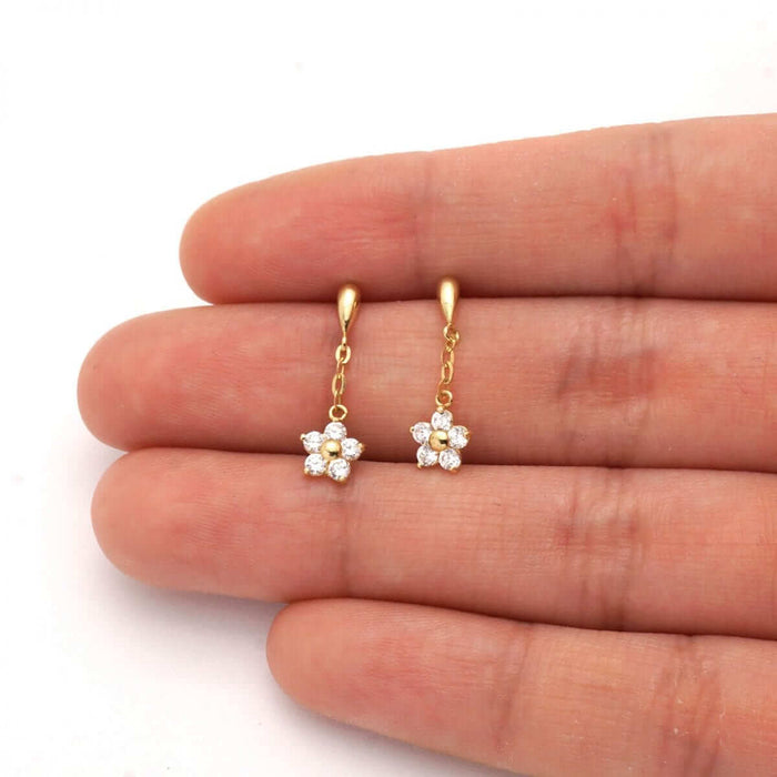 Real 14K Yellow Gold White Birthstone Flower Screw Back Earrings