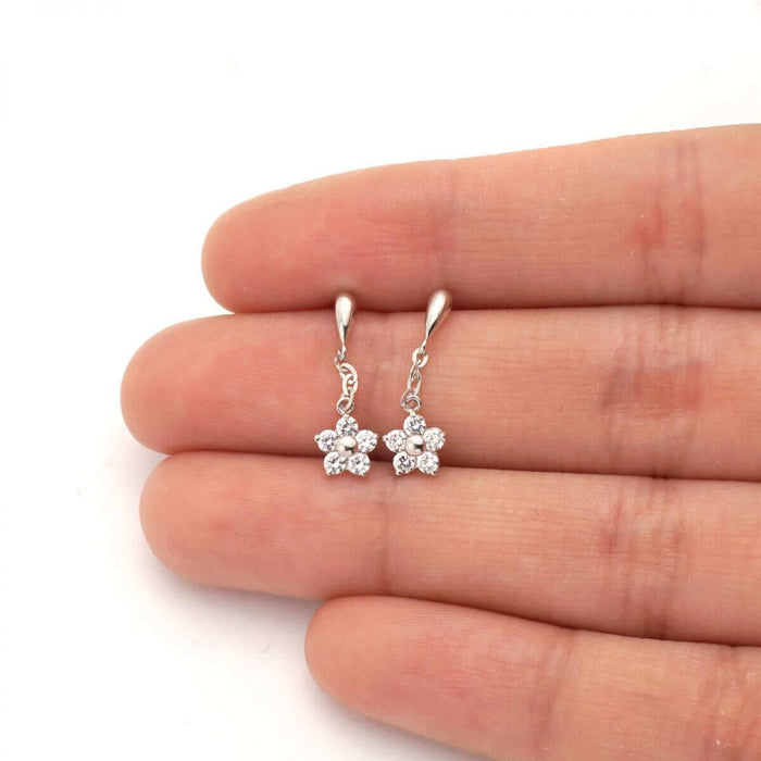 Real 14K Yellow Gold White Birthstone Flower Screw Back Earrings