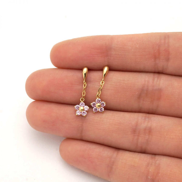 Real 14K Yellow Gold White Birthstone Flower Screw Back Earrings