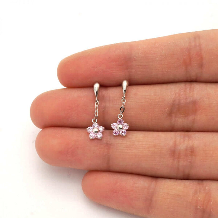 Real 14K Yellow Gold White Birthstone Flower Screw Back Earrings