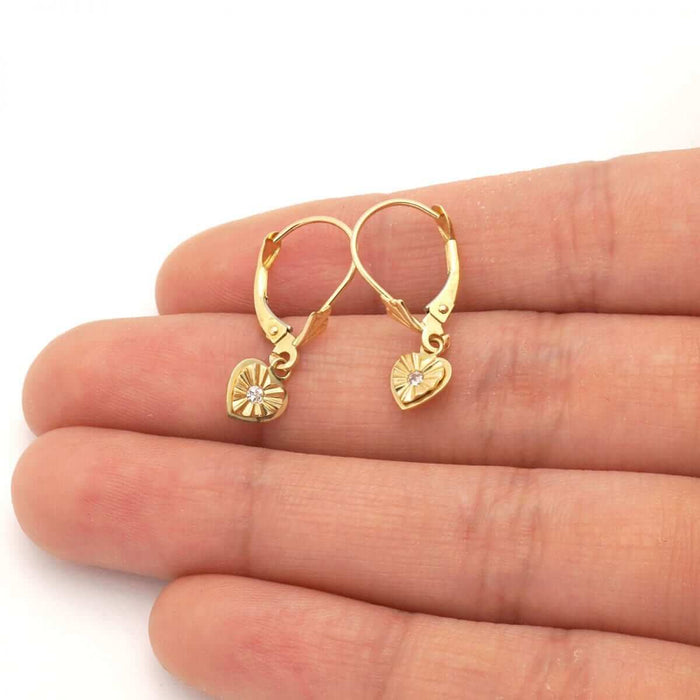 14k White & Yellow Gold Round-Cut Zircon Heart Drop Leverback Earrings