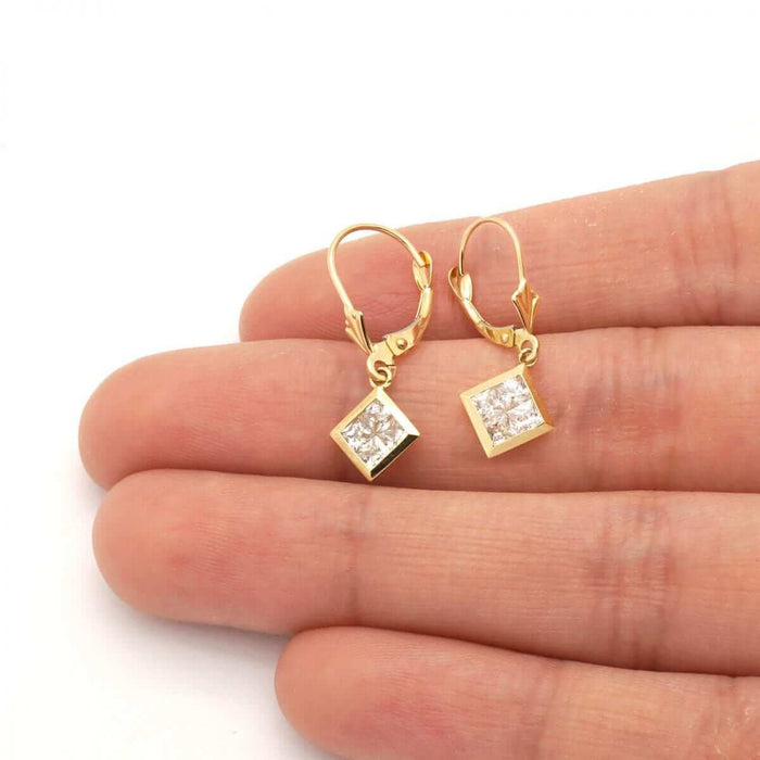 14k Yellow White Gold Square Bezel CZ Leverback Earrings