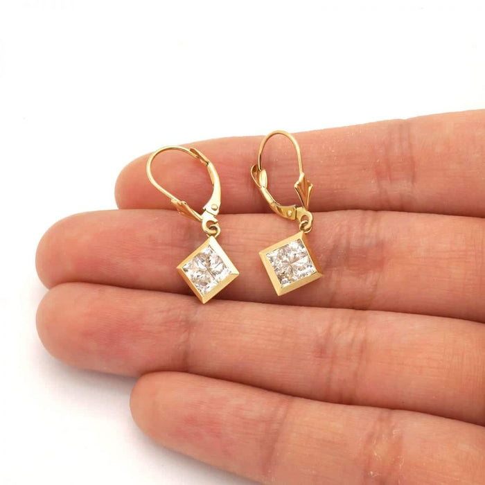 14k Yellow White Gold Square Bezel CZ Leverback Earrings