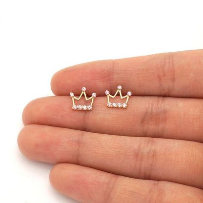 Kids 14K Real Gold Ruby Pink Tourmaline Zircon Crown Stud Screwback Earrings