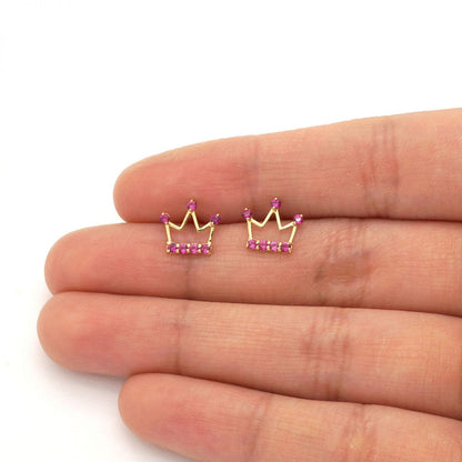 Kids 14K Real Gold Ruby Pink Tourmaline Zircon Crown Stud Screwback Earrings