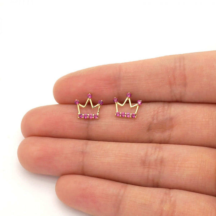 Kids 14K Gold Ruby Pink Tourmaline Zircon Crown Stud Screw Back Earrings