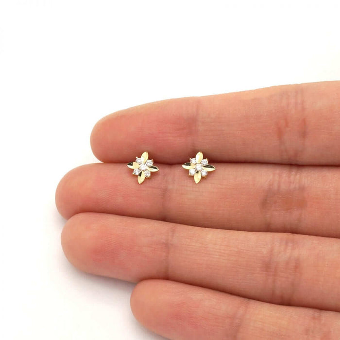 Diamond-Cut Round Zircon Flower Screw Back Stud Earrings 14k Yellow & White Gold