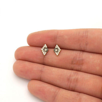 Rhomb Shaped Onyx White Zircon Encrusted Screwback Stud Earrings 14k Yellow Gold
