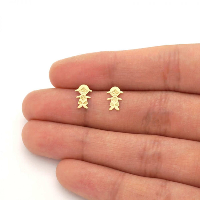 14k Yellow Gold Little Smiling Girl Textured Baby Screw Back Stud Kid Earrings