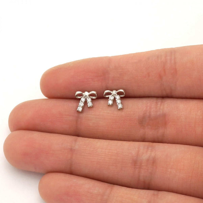 Round White Zircon Bow Tie Screw Back Stud Kid Earrings 14k Yellow & White Gold