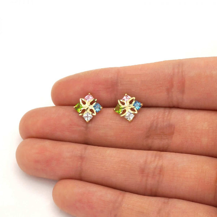 Princess-Cut Multicolor Gemstone Square Screw Back Stud Earrings 14k Yellow Gold