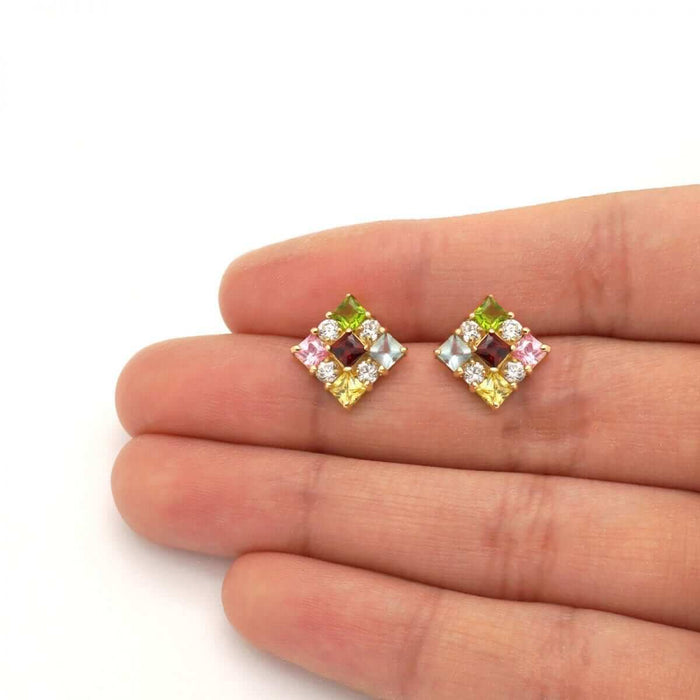 Multicolor Princess-Cut Gemstone Square Screw Back Stud Earrings 14k Yellow Gold