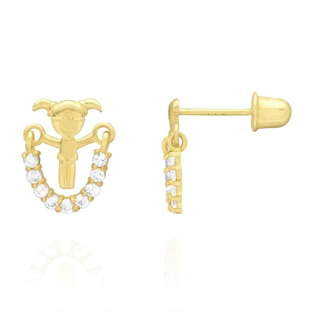 14K Real Gold White Zircon Jump Rope Girl Screwback Stud Kid Earrings 10mm