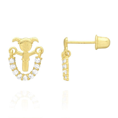 14K Real Gold White Zircon Jump Rope Girl Screwback Stud Kid Earrings 10mm