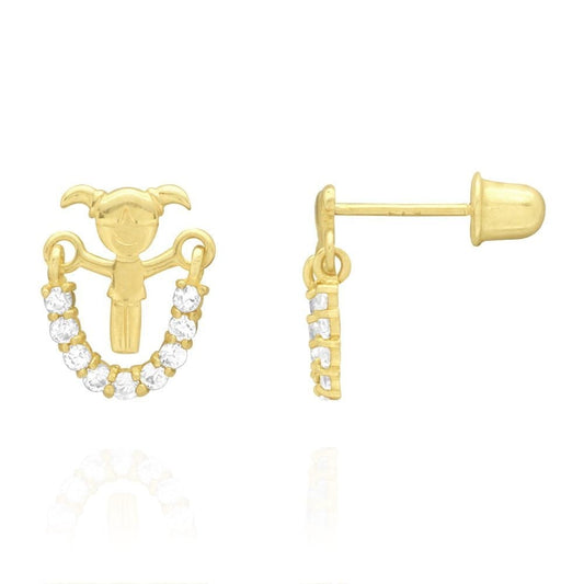 14K Real Gold White Zircon Jump Rope Girl Screwback Stud Kid Earrings 10mm