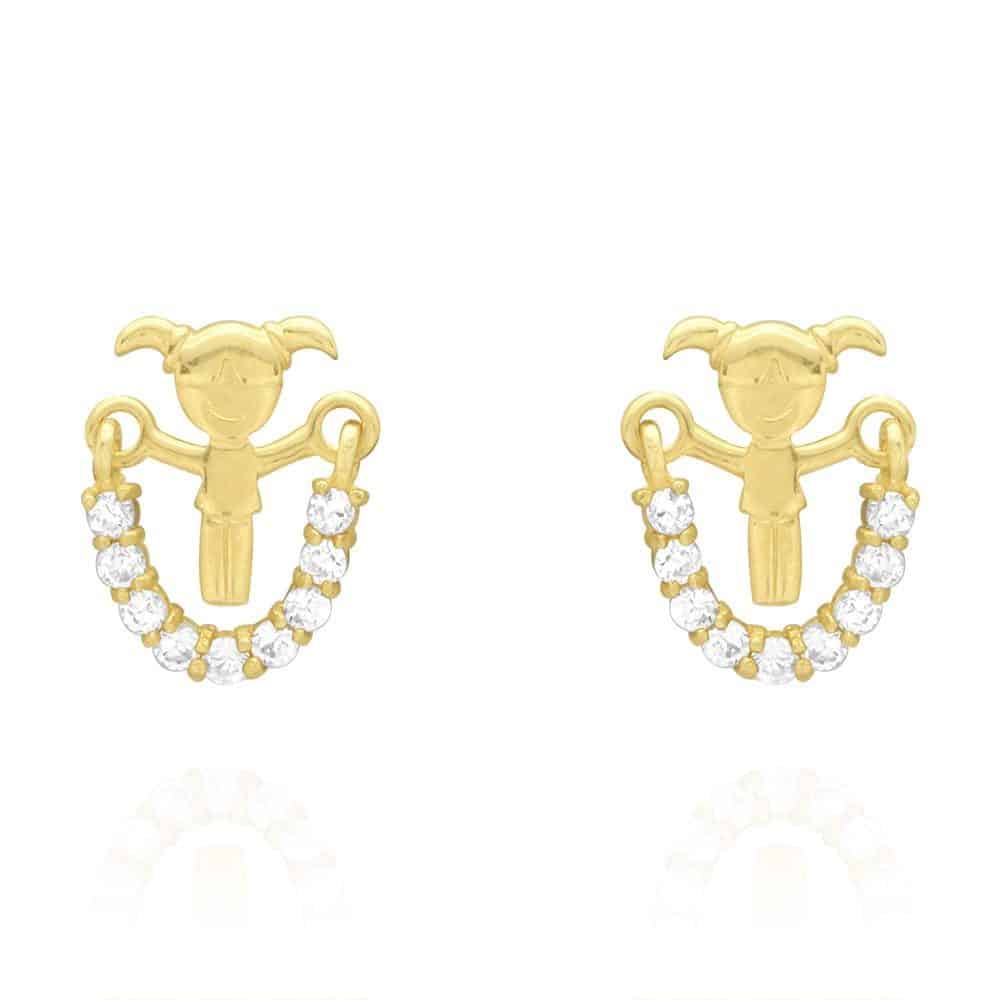 14K Real Gold White Zircon Jump Rope Girl Screwback Stud Kid Earrings 10mm