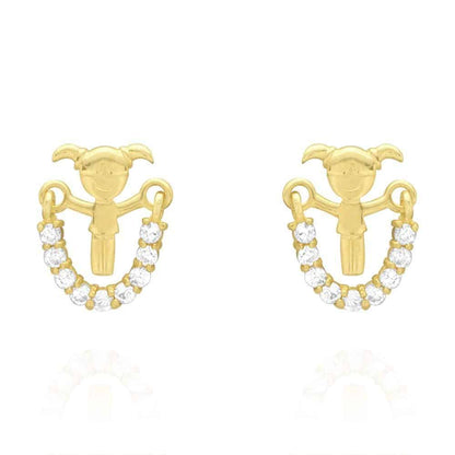 14K Real Gold White Zircon Jump Rope Girl Screwback Stud Kid Earrings 10mm