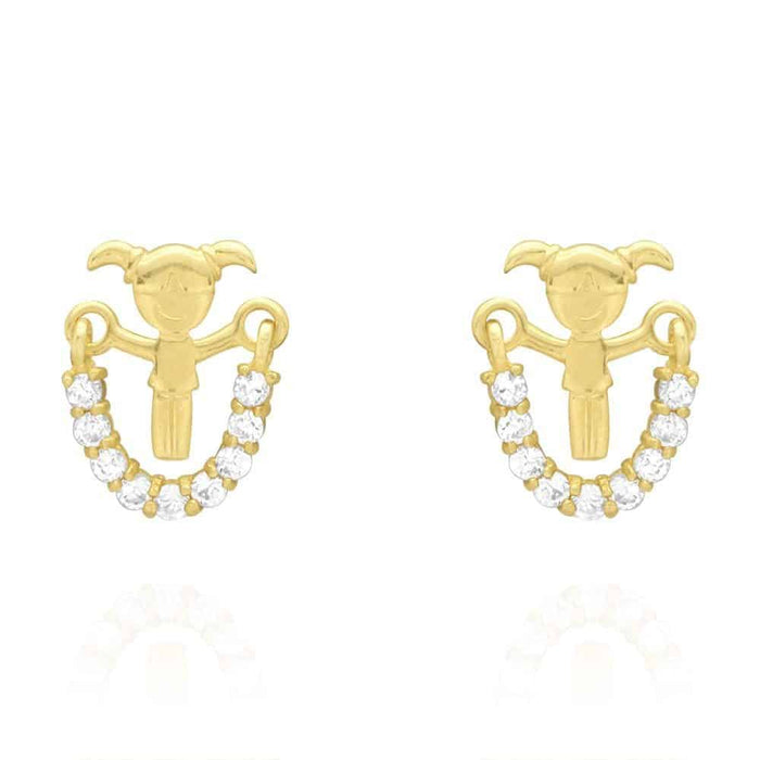 14K White Gold Zircon Jump Rope Girl Screw Back Stud Kid Earrings 10mm