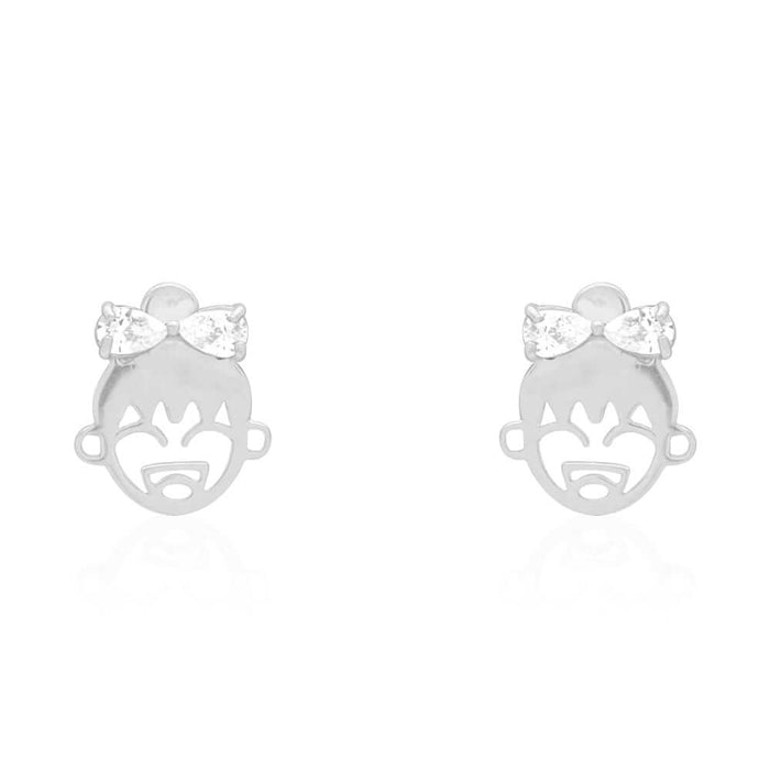 Zircon Bow Happy Girl Face Stud Screw Back Stud Earrings 14k Yellow & White Gold