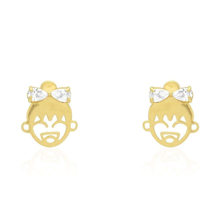 Zircon Bow Happy Girl Face Stud Screw Back Stud Earrings 14k Yellow & White Gold