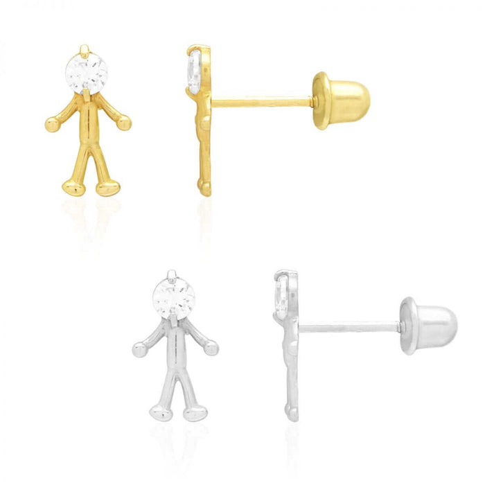 14k Yellow & White Gold Round Zircon Stick Figure Stud Screw Back Kid Earrings