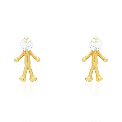 14k Yellow & White Gold Round Zircon Stick Figure Stud Screw Back Kid Earrings
