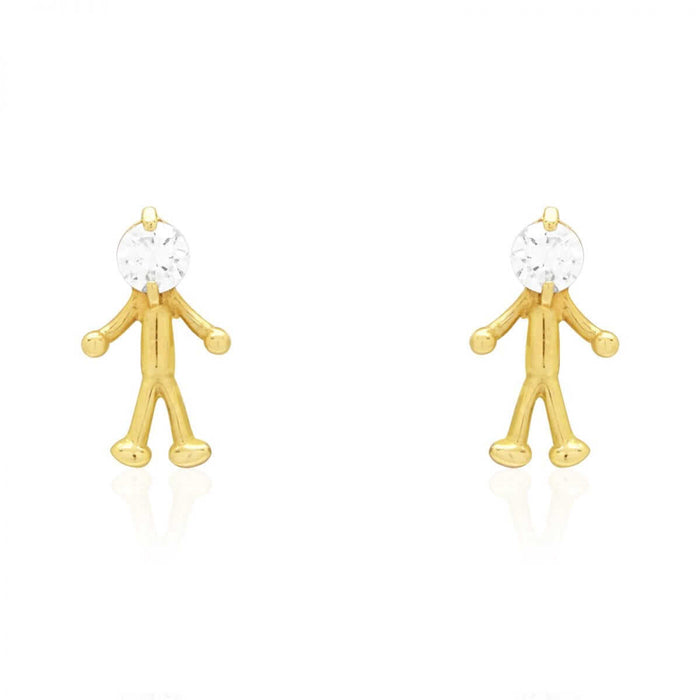 14k Yellow & White Gold Round Zircon Stick Figure Stud Screw Back Kid Earrings