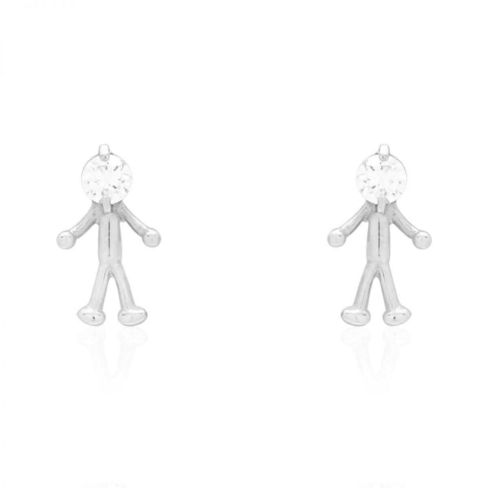 14k Yellow & White Gold Round Zircon Stick Figure Stud Screw Back Kid Earrings