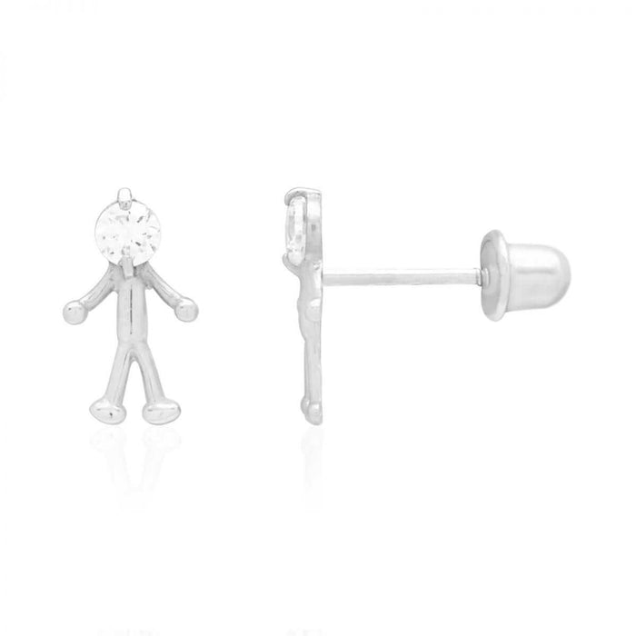 14k Yellow & White Gold Round Zircon Stick Figure Stud Screw Back Kid Earrings