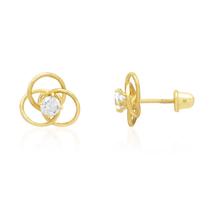 14K Yellow Gold White Triple Ring CZ Screw Back Stud Earrings