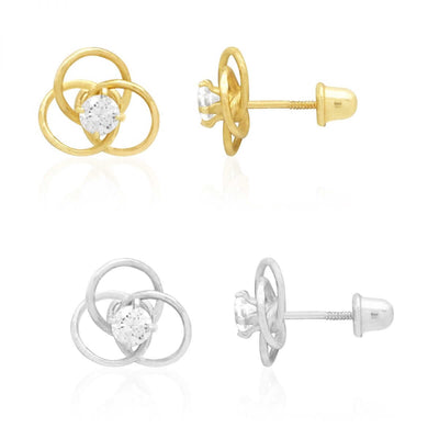 14K Yellow Gold White Triple Ring CZ Screw Back Stud Earrings